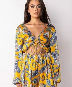 ADMIT IT LONG SLEEVE PRINTED ROMPER WITH CUT OUT -FINESSE-shop admit it long sleeve printed romper with cut out yellow multi 3 3