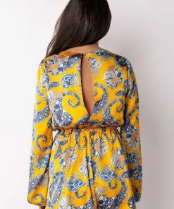 ADMIT IT LONG SLEEVE PRINTED ROMPER WITH CUT OUT -FINESSE-shop admit it long sleeve printed romper with cut out yellow multi 5 5