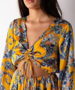 ADMIT IT LONG SLEEVE PRINTED ROMPER WITH CUT OUT -FINESSE-shop admit it long sleeve printed romper with cut out yellow multi 6 6