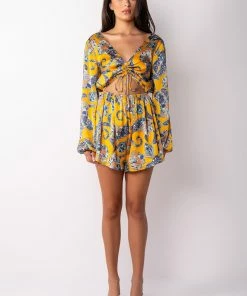 ADMIT IT LONG SLEEVE PRINTED ROMPER WITH CUT OUT -FINESSE-shop admit it long sleeve printed romper with cut out yellow multi 7 7