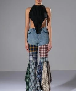 ALEXA PLAID PATCHWORK FLARED JEANS -FINESSE-shop alexa plaid patchwork flared jeans multi 3 3