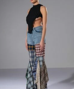 ALEXA PLAID PATCHWORK FLARED JEANS -FINESSE-shop alexa plaid patchwork flared jeans multi 5 5