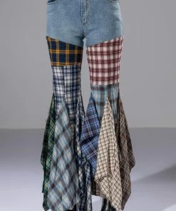 ALEXA PLAID PATCHWORK FLARED JEANS -FINESSE-shop alexa plaid patchwork flared jeans multi 7 7