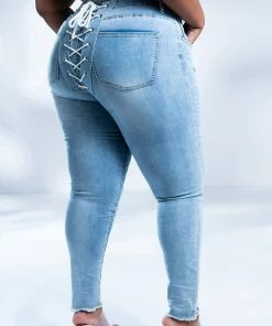 ALL OVER LACE UP BACK SKINNY JEANS -FINESSE-shop all over lace up back skinny jeans light blue denim 2 2 c1