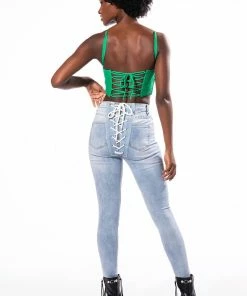 ALL OVER LACE UP BACK SKINNY JEANS -FINESSE-shop all over lace up back skinny jeans light blue denim 2 2 c1 c1