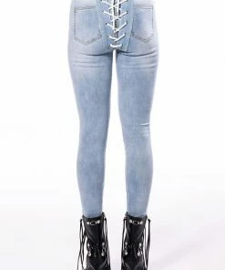 ALL OVER LACE UP BACK SKINNY JEANS -FINESSE-shop all over lace up back skinny jeans light blue denim 5 5 c1