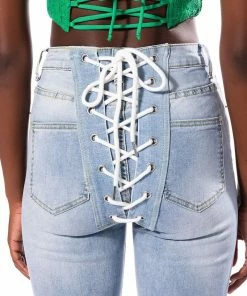 ALL OVER LACE UP BACK SKINNY JEANS -FINESSE-shop all over lace up back skinny jeans light blue denim 8 8 c1