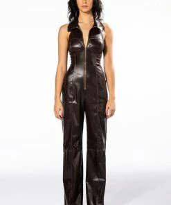 AMAYA SLEEVELESS FAUX LEATHER JUMPSUIT -FINESSE-shop amaya sleeveless faux leather jumpsuit brown 3 3 c1
