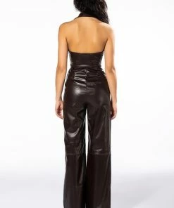 AMAYA SLEEVELESS FAUX LEATHER JUMPSUIT -FINESSE-shop amaya sleeveless faux leather jumpsuit brown 5 5 c1