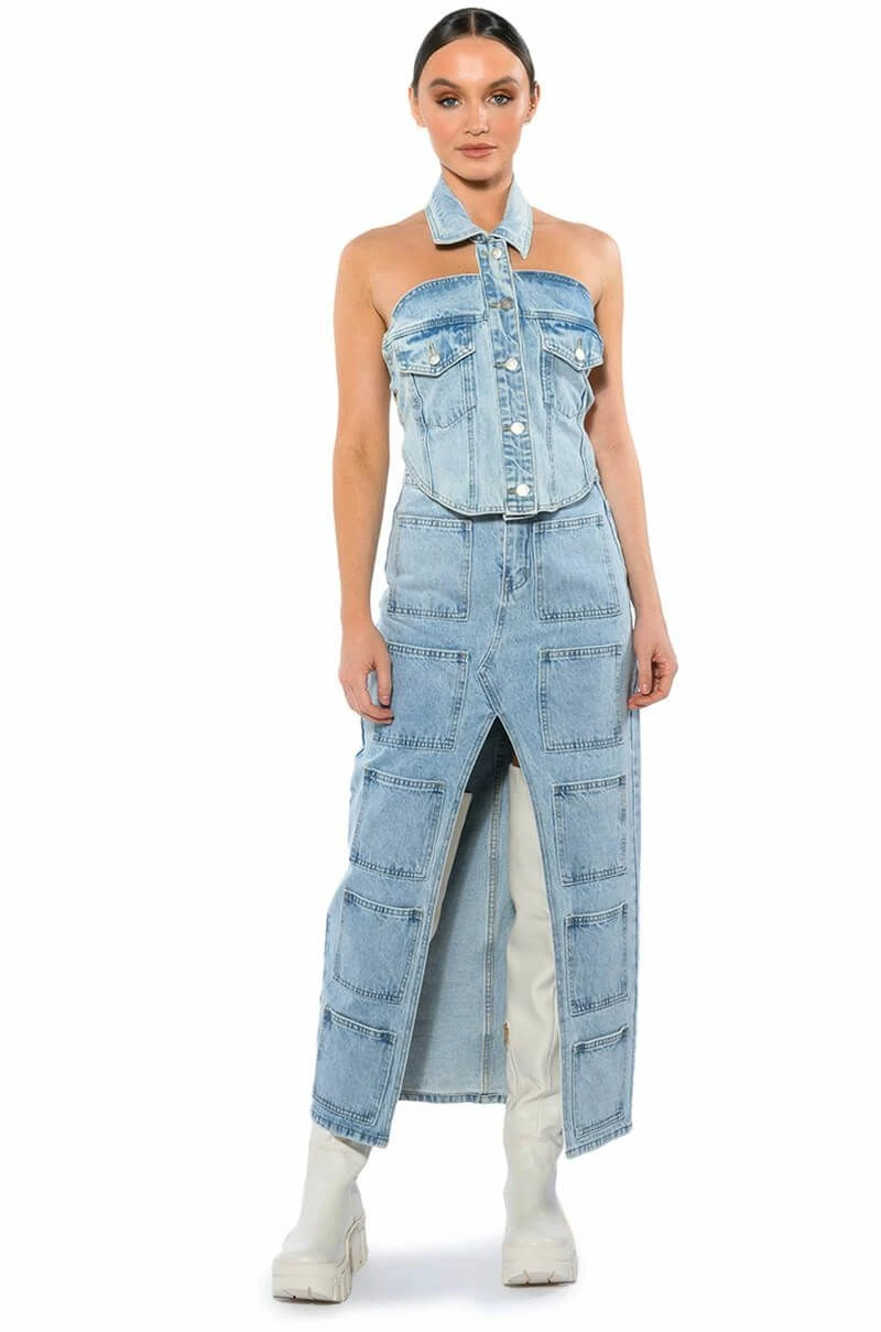 ANGELICA DENIM MIDI OPEN SLIT SKIRT 4 ANGELICA DENIM MIDI OPEN SLIT SKIRT - Image 4