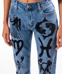 ASTROLOGICAL PRINTED HIGH RISE STRAIGHT LEG JEAN -FINESSE-shop astrological printed high rise straight leg jean medium blue denim 7 7