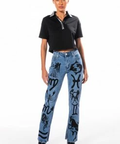 ASTROLOGICAL PRINTED HIGH RISE STRAIGHT LEG JEAN -FINESSE-shop astrological printed high rise straight leg jean medium blue denim 8 8