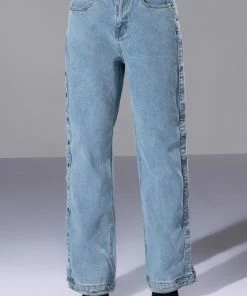 BLESSED MESS SIDE SNAP HIGH RISE JEANS -FINESSE-shop blessed mess side snap high rise jeans light blue denim 3 3