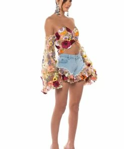 BOTANICAL BEAUTY CROPPED SHEER SLEEVE TOP -FINESSE-shop botanical beauty cropped sheer sleeve top nude 4 4