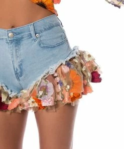 BOTANICAL BEAUTY RUFFLE DENIM SHORTS -FINESSE-shop botanical beauty ruffle denim shorts light blue 9 9