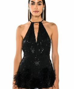 CAT'S MEOW SEQUIN FRINGE FEATHER TRIM ROMPER