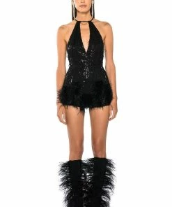 CAT'S MEOW SEQUIN FRINGE FEATHER TRIM ROMPER -FINESSE-shop cats meow sequin fringe feather trim romper black 3 3 c1