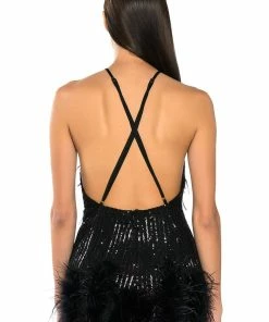 CAT'S MEOW SEQUIN FRINGE FEATHER TRIM ROMPER -FINESSE-shop cats meow sequin fringe feather trim romper black 5 5 c1