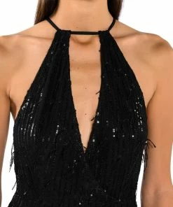 CAT'S MEOW SEQUIN FRINGE FEATHER TRIM ROMPER -FINESSE-shop cats meow sequin fringe feather trim romper black 6 6 c1