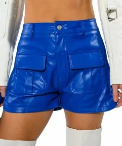 CORA POCKET DETAIL FAUX LEATHER SHORT -FINESSE-shop cora pocket detail faux leather short royal blue 8 8