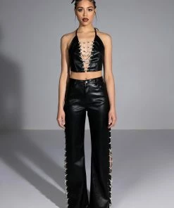 COVERED IN ICE FAUX LEATHER RHINESTONE PANT -FINESSE-shop covered in ice faux leather rhinestone pant black 10 10