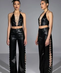 COVERED IN ICE FAUX LEATHER RHINESTONE PANT -FINESSE-shop covered in ice faux leather rhinestone pant black 5 5