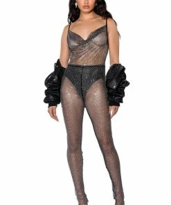 COWL NECK RHINESTONE MESH JUMPSUIT