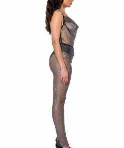 COWL NECK RHINESTONE MESH JUMPSUIT -FINESSE-shop cowl neck rhinestone mesh jumpsuit black 4 4