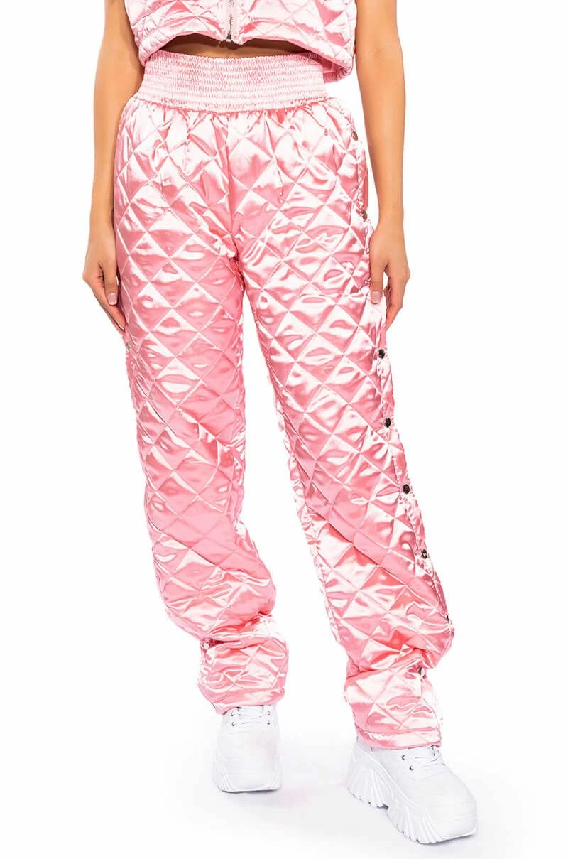 COZY MODE QUILTED SATIN BREAKAWAY JOGGER IN PINK 1 COZY MODE QUILTED SATIN BREAKAWAY JOGGER IN PINK