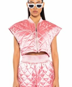 COZY MODE QUILTED SATIN VEST IN PINK