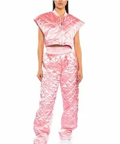 COZY MODE QUILTED SATIN VEST IN PINK -FINESSE-shop cozy mode quilted satin vest in pink pink 3 3