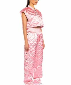 COZY MODE QUILTED SATIN VEST IN PINK -FINESSE-shop cozy mode quilted satin vest in pink pink 5 5