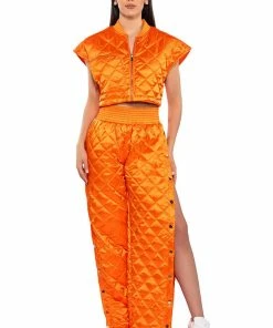COZY MODE QUILTED SATIN VEST 13 COZY MODE QUILTED SATIN VEST -FINESSE-shop cozy mode quilted satin vest orange 4 4