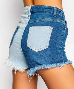 DEPENDS ON MY MOOD TWO TONE HIGH RISE FRAYED JEAN SHORTS -FINESSE-shop depends on my mood two tone high rise frayed jean shorts medium blue denim 13 13