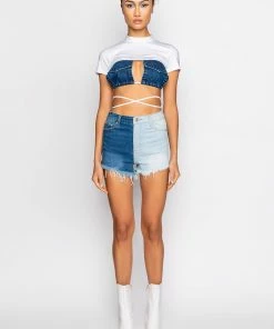 DEPENDS ON MY MOOD TWO TONE HIGH RISE FRAYED JEAN SHORTS -FINESSE-shop depends on my mood two tone high rise frayed jean shorts medium blue denim 14 14
