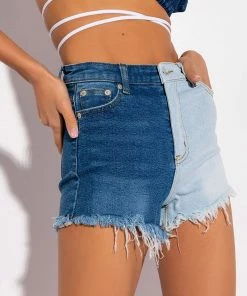 DEPENDS ON MY MOOD TWO TONE HIGH RISE FRAYED JEAN SHORTS -FINESSE-shop depends on my mood two tone high rise frayed jean shorts medium blue denim 4 4