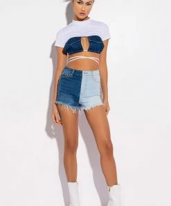 DEPENDS ON MY MOOD TWO TONE HIGH RISE FRAYED JEAN SHORTS -FINESSE-shop depends on my mood two tone high rise frayed jean shorts medium blue denim 7 7