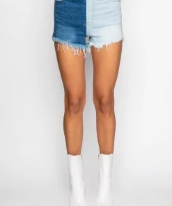 DEPENDS ON MY MOOD TWO TONE HIGH RISE FRAYED JEAN SHORTS -FINESSE-shop depends on my mood two tone high rise frayed jean shorts medium blue denim 9 9