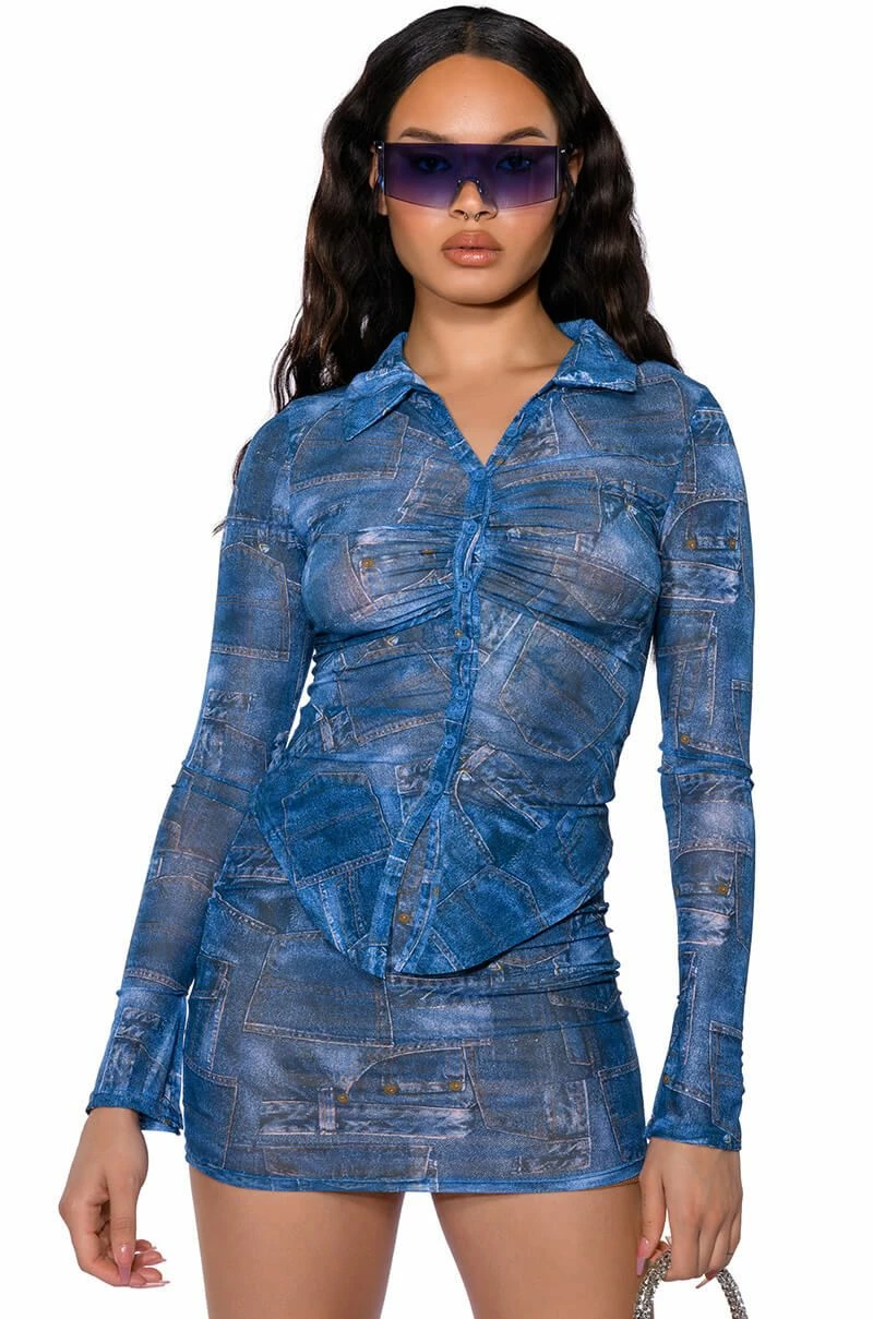 DIFFERENT THAN YOU DENIM PRINT MESH MINI SKIRT 3 DIFFERENT THAN YOU DENIM PRINT MESH MINI SKIRT - Image 3