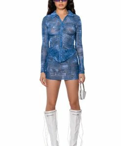DIFFERENT THAN YOU DENIM PRINT MESH MINI SKIRT 12 DIFFERENT THAN YOU DENIM PRINT MESH MINI SKIRT -FINESSE-shop different than you denim print mesh mini skirt blue multi 4 4