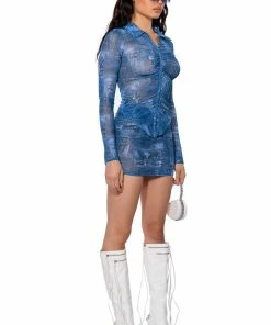 DIFFERENT THAN YOU DENIM PRINT MESH MINI SKIRT 13 DIFFERENT THAN YOU DENIM PRINT MESH MINI SKIRT -FINESSE-shop different than you denim print mesh mini skirt blue multi 5 5