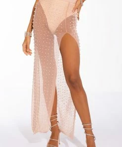 DISCO DOLL EMBELLISHED HIGH SLIT MESH MAXI SKIRT