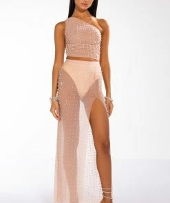 DISCO DOLL EMBELLISHED HIGH SLIT MESH MAXI SKIRT 15 DISCO DOLL EMBELLISHED HIGH SLIT MESH MAXI SKIRT -FINESSE-shop disco doll embellished high slit mesh maxi skirt light brown 8 8