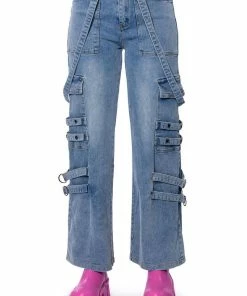 DONT TAKE HIM BACK WIDE LEG SUSPENDER CARGO JEANS -FINESSE-shop dont take him back wide leg suspender cargo jeans medium blue denim 6 6