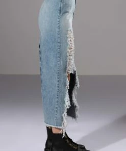 DOUBLE OHS CARGO DISTRESSED MIDI SKIRT -FINESSE-shop double ohs cargo distressed midi skirt light blue denim 6 6