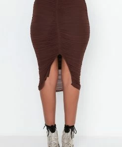 DRAMA FREE CINCHED MESH MIDI SKIRT -FINESSE-shop drama free ruched midi mesh skirt brown 3 3 c1 c1