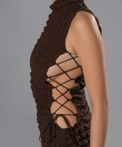 DREAM LOVER TEXTURED LACE UP JUMPSUIT -FINESSE-shop dream lover textured lace up jumpsuit brown 5 5