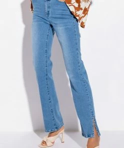 ELEVATED MID RISE STUD SLIT STRAIGHT JEANS