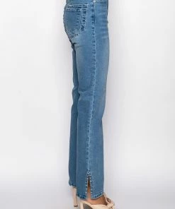 ELEVATED MID RISE STUD SLIT STRAIGHT JEANS -FINESSE-shop elevated mid rise stud slit straight jeans medium blue denim 6 6