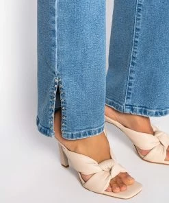 ELEVATED MID RISE STUD SLIT STRAIGHT JEANS -FINESSE-shop elevated mid rise stud slit straight jeans medium blue denim 7 7